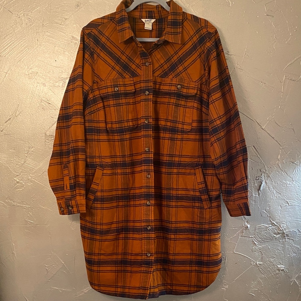 Duluth Trading Rust Plaid Button-Up Shirt Jacket/ dress with pockets.